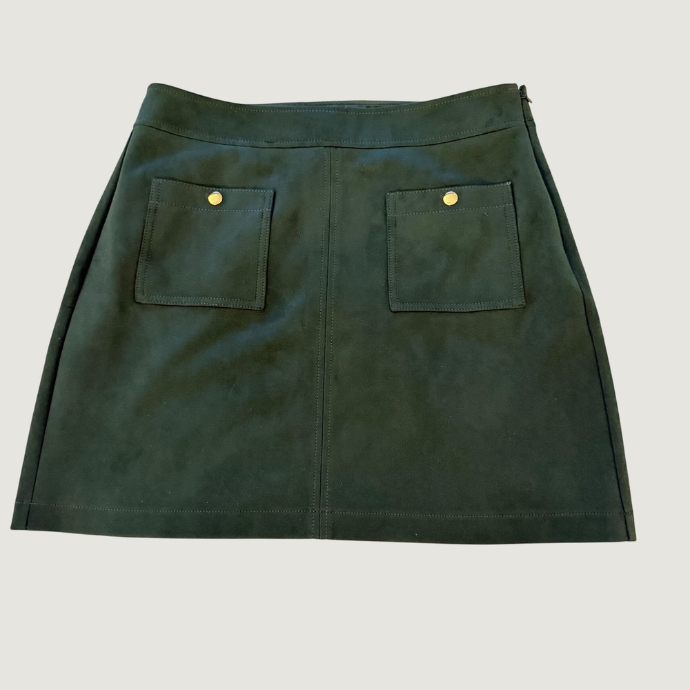 LOFT Womens Hunter Green Faux Suede Mini Skirt Gold Snap Pockets Size 12